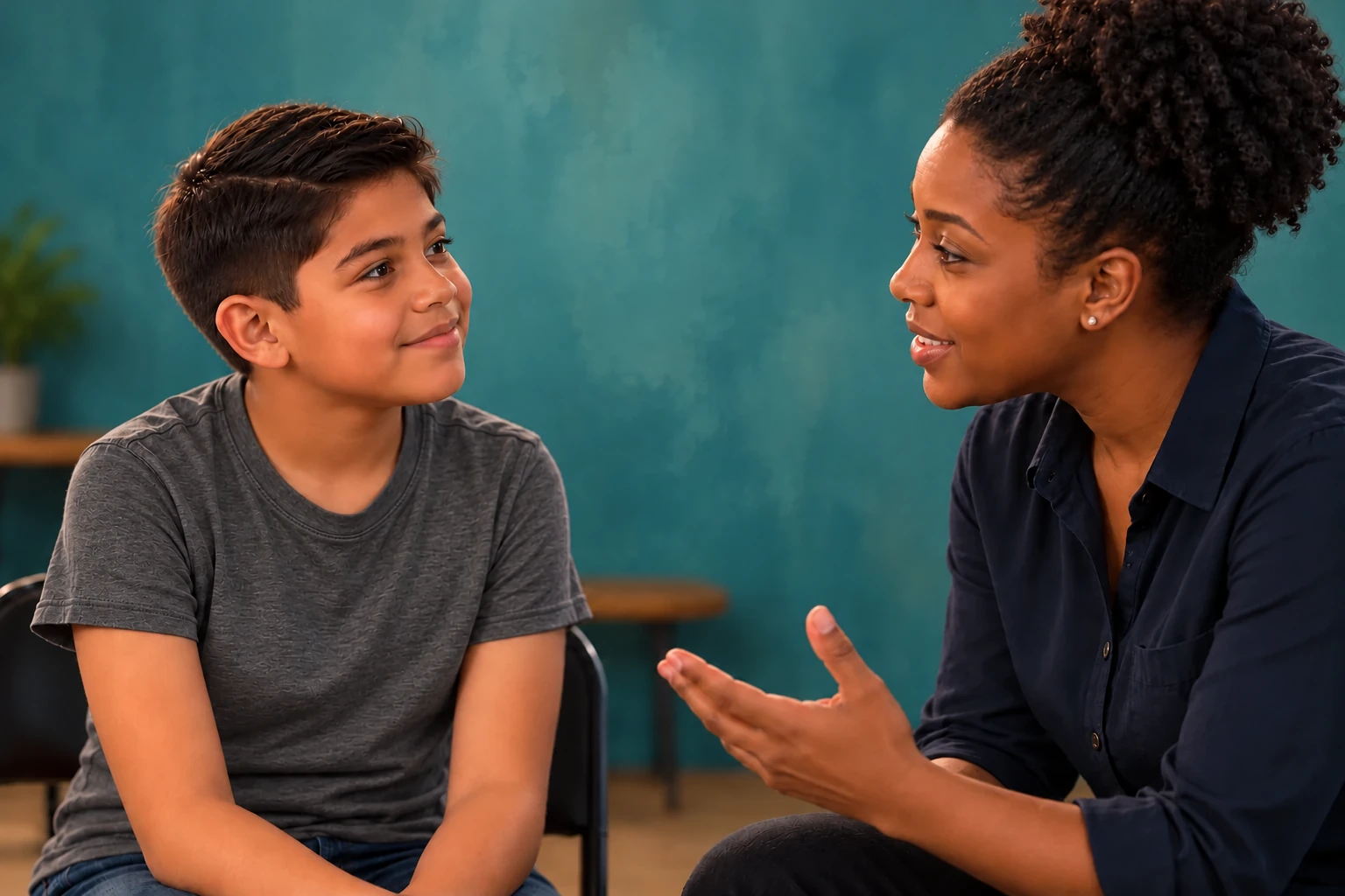 Tween boy in a charcoal gray shirt listening to a female acting coach against a teal studio wall