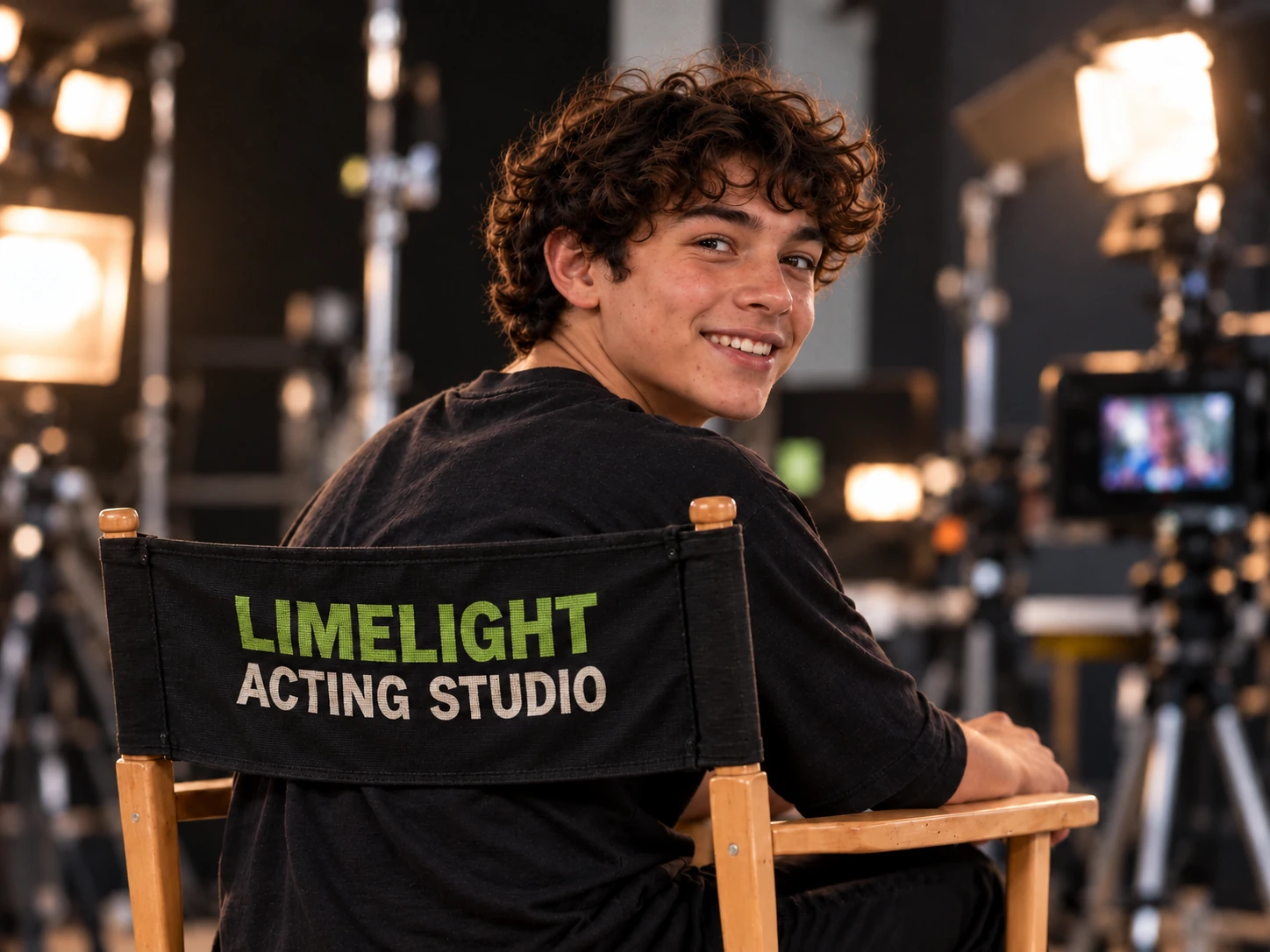 Teen actor looking over his shoulder in a wooden director’s chair with Limelight Acting Studio printed on the black fabric