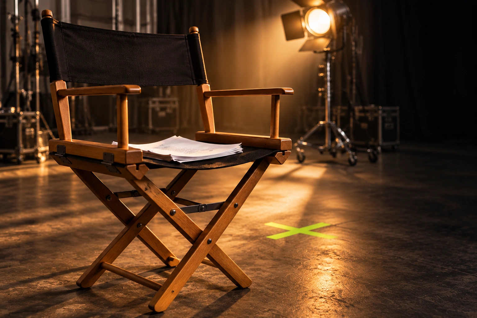An inviting director’s chair with script pages under a warm studio spotlight and a lime tape mark on the floor