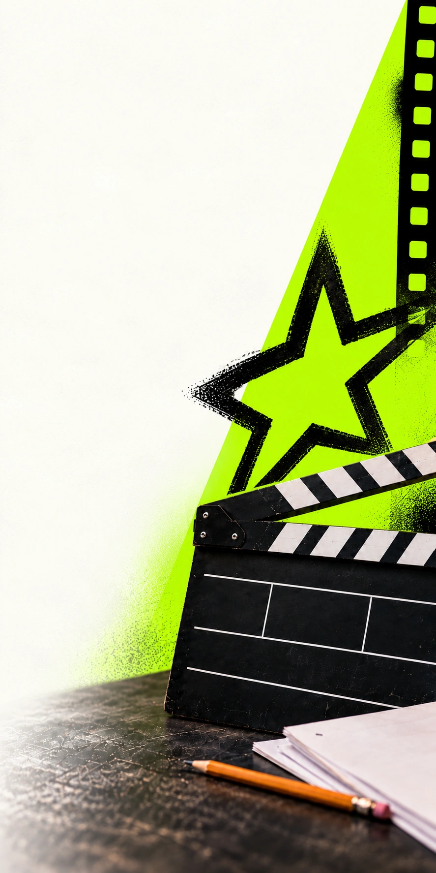 Unified mobile hero with ivory negative space flowing diagonally into lime film graphics and a clapperboard