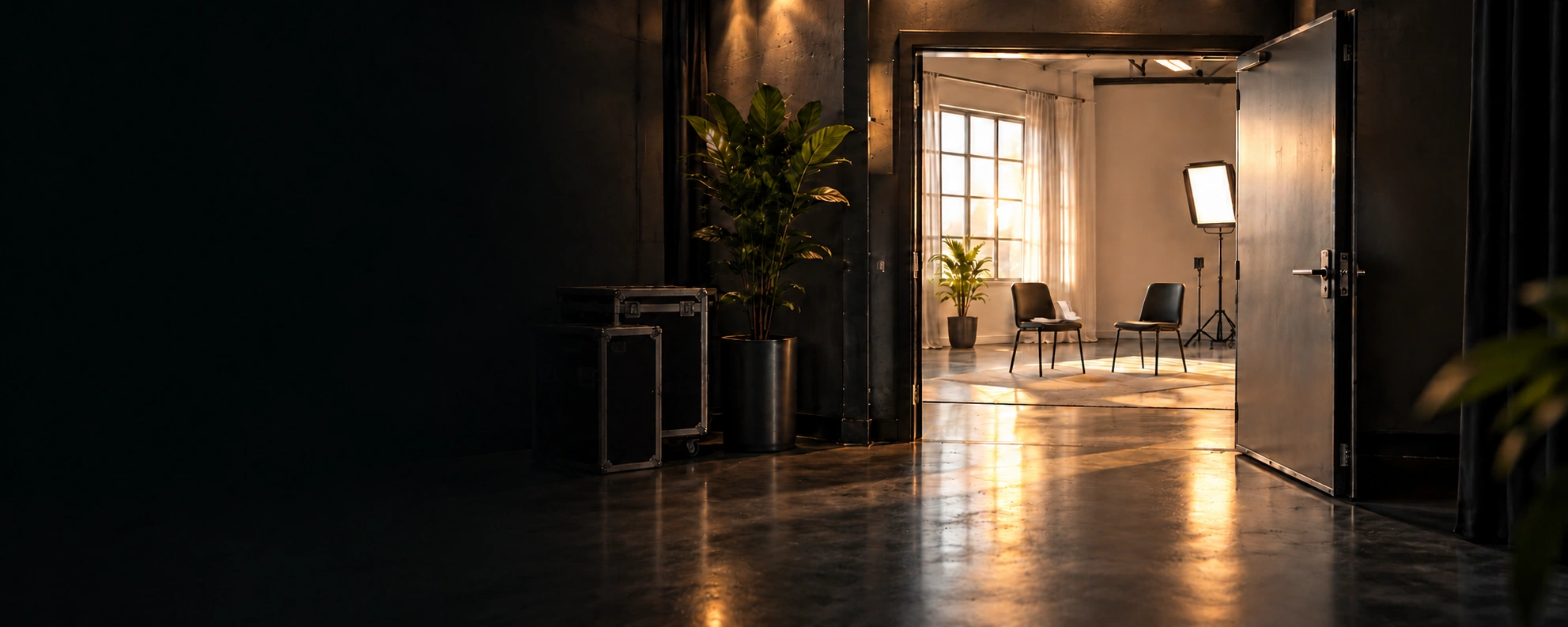 An open studio door leading into a bright, welcoming rehearsal space with two chairs and soft studio lighting