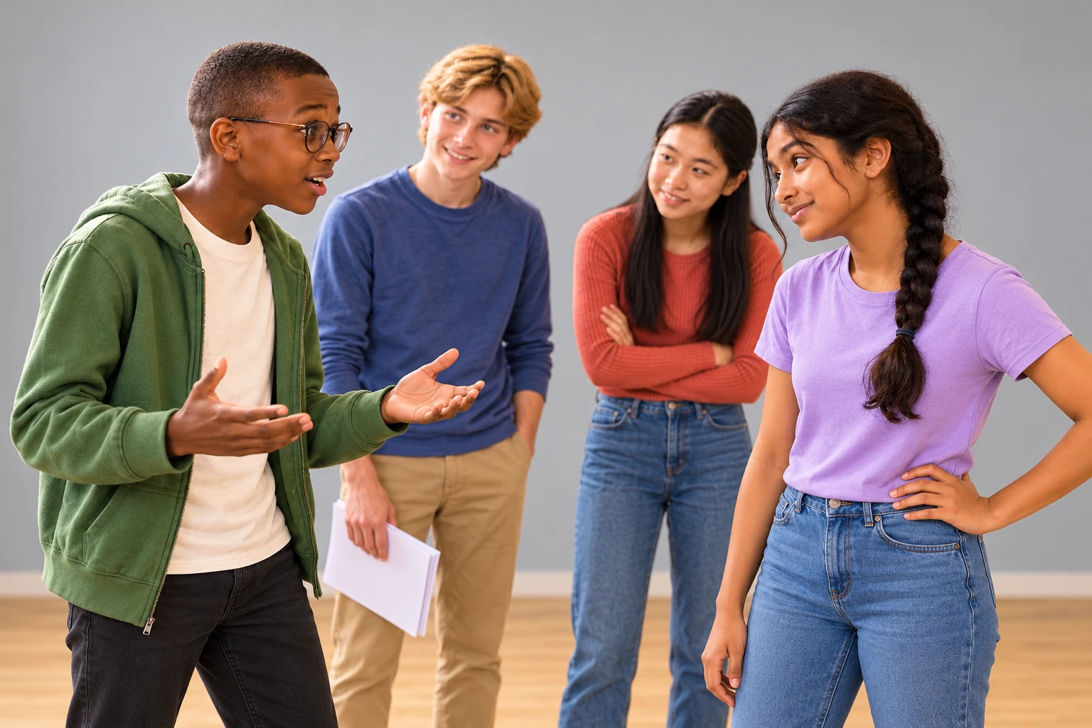Four young actors standing and performing a scene together in an acting studio