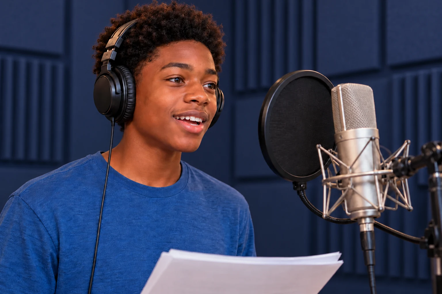 Teen boy practicing voiceover with headphones and a studio microphone