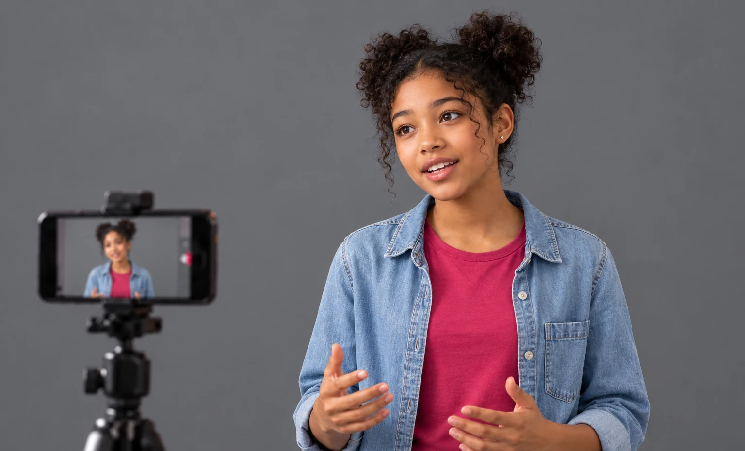 Teen girl performing a self-tape against a gray studio backdrop with a phone on a tripod