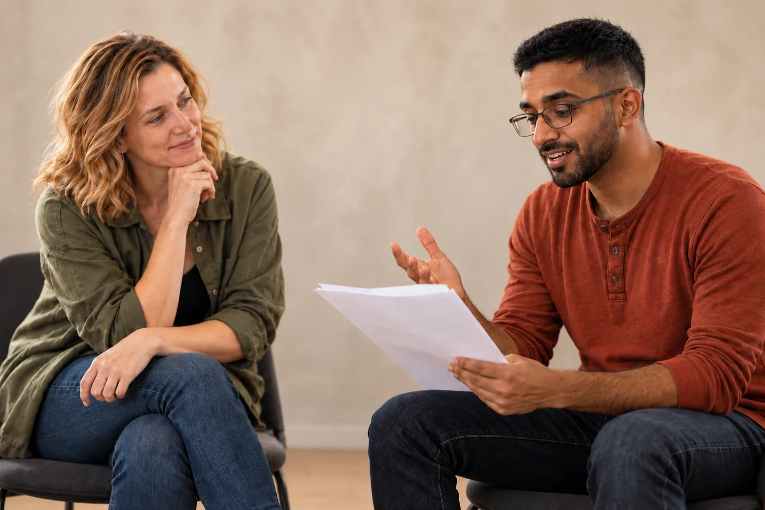 Adult actor rehearsing a script with an acting coach during a private lesson